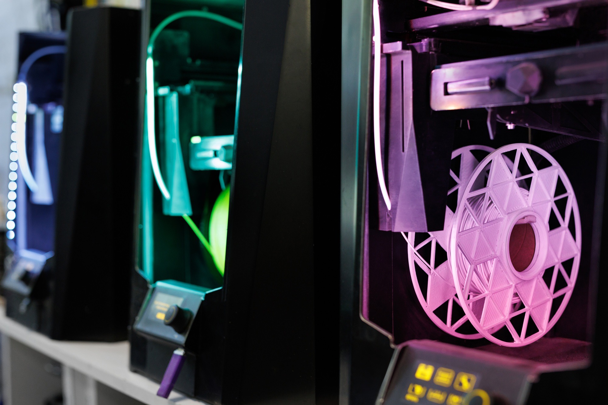 Personal 3d printer and abs or pla filament coils. 3d printing technology.